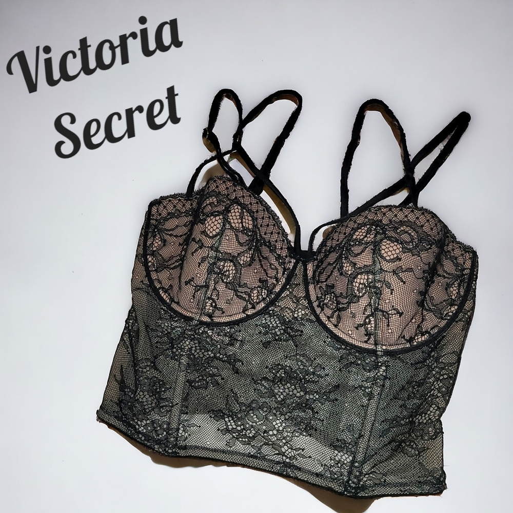 Victoria Secret lace bustier corset top black over nude size 32 D